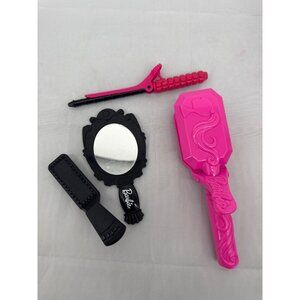 Barbie Hair Styling Tools Pink Black Vanity Mirror Brush Clip Set